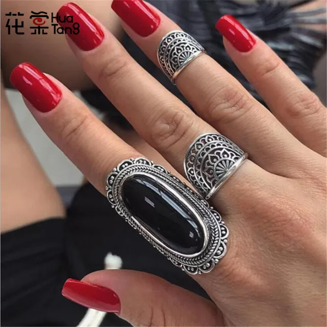HuaTang Antique Silver Color Black Rhinestone Rings for Women Tribal Hollow Flow HuaTang Antique Silver Color Black Rhinestone Rings for Women Tribal Hollow Flow