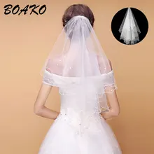 BOAKO 2019 Simple Short Tulle Wedding Veils Cheap White Bridal Veils with Pearls Elegant Mariage Wedding Accessories Velo Novia