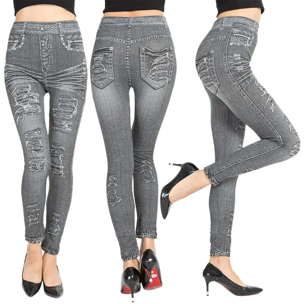 Women Skinny Pants High Waist Faux Jeans Leggings Workout Skinny Tights Pants Trousers Grey