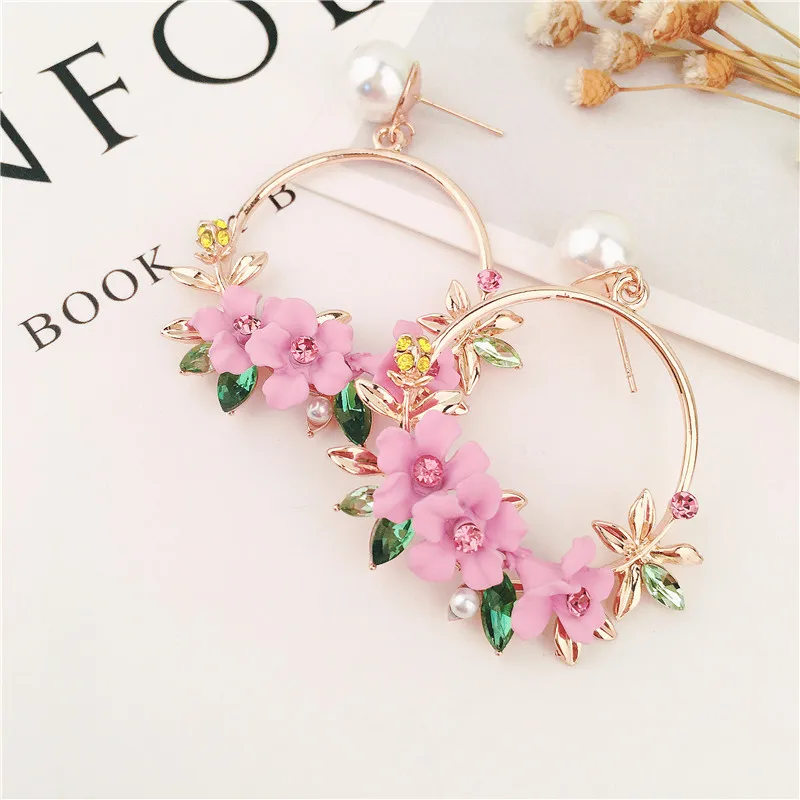 Trendy Cute Pink Flower Earrings For Women Girls Jewelry Female Rhinestone Gold Metal Round Circle Drop Earrings Gifts Brincos