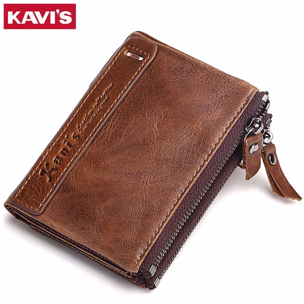 

KAVIS Genuine Cowhide Leather Men Wallet Top Quality Male Short Coin Purse Double Zippers Men Purse Luxury Brand Design Carteira