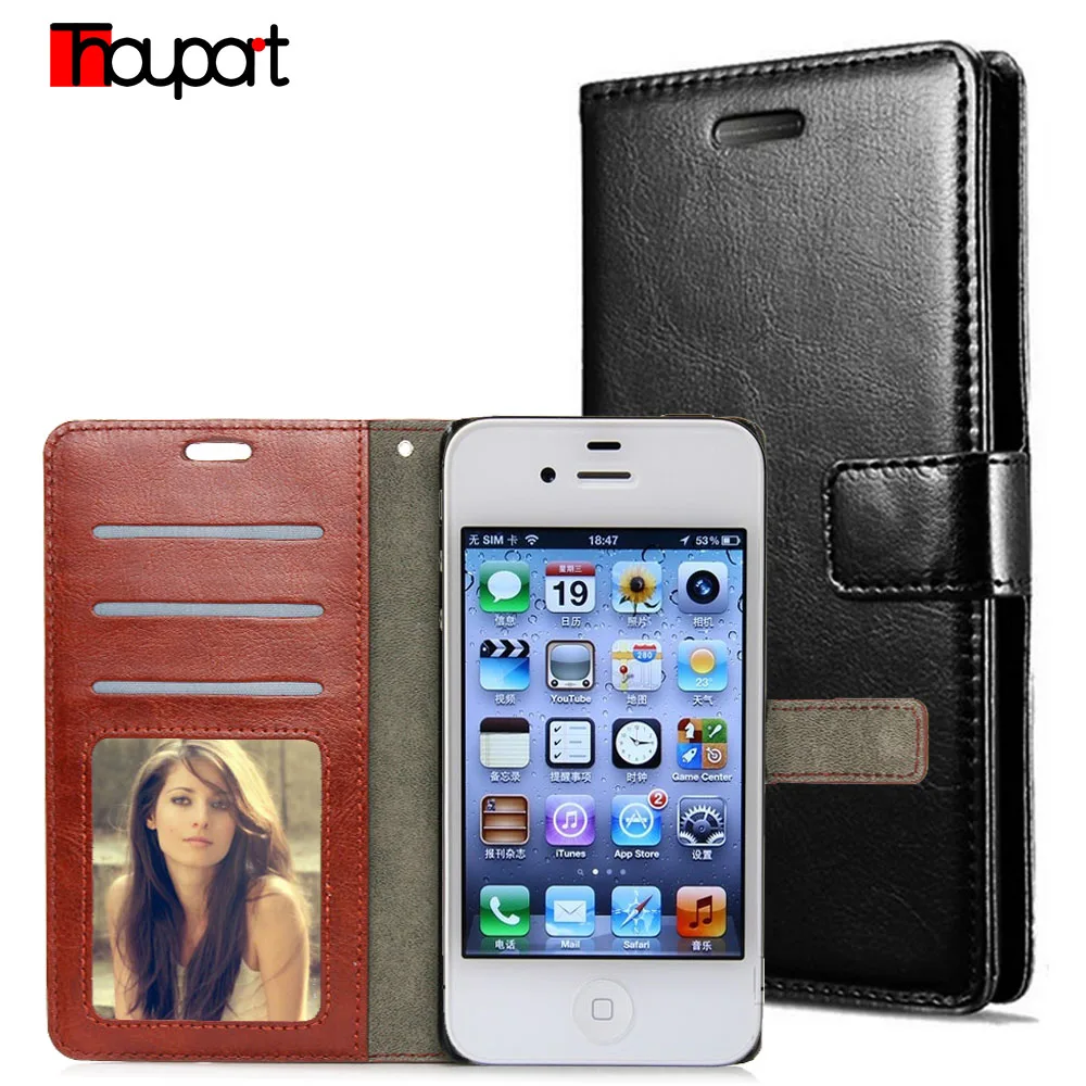 

Thouport For Apple iphone 4S Case iphone 4 Case Retro Leather Case Flip Wallet Stand Card Holder Phone Cover Bags Photo Frame