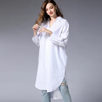 

White Cotton Shirt Dress Women Irregular Plus Size 2019 Spring Loose Elegant Office Lady Black Long Sleeve Party Shirt Dresses