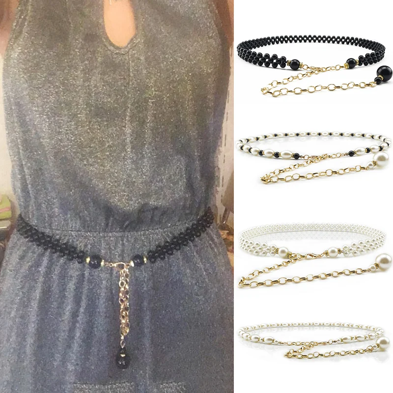 

Luxury Pearl Waist Belts For Women Metal Chain Black White Belt Adjustable Ladies Dress Match Belt