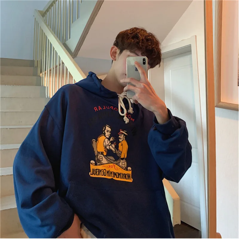 

Spring New Hoodies Men Fashion Cartoon Print Casual Hooded Pullover Man Streetwear Trend Wild Hip Hop Loose Sweatshirt M-2XL