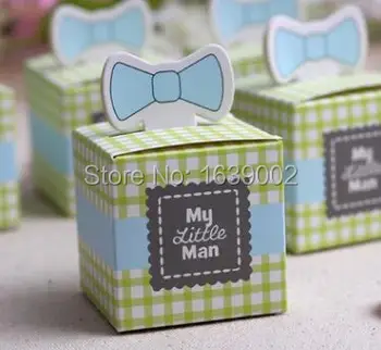 

100 PCS Free Shipping Little Green or Blue Tie Lovely Wedding Candy Box Baby Shower Party Gift Wedding Decor (STPB-007)