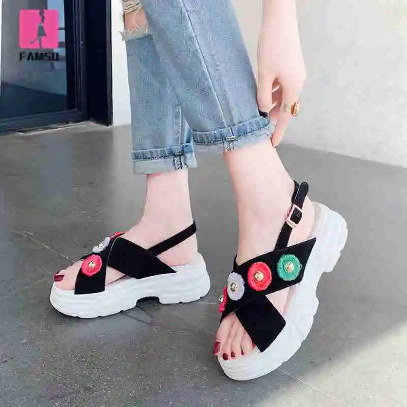 

FAMSO 2019 New Shoes Sandals Women Flowers Thick Heels Mixed Color Genuine Leather Shoes Summer Lady Fashion heels Sandals