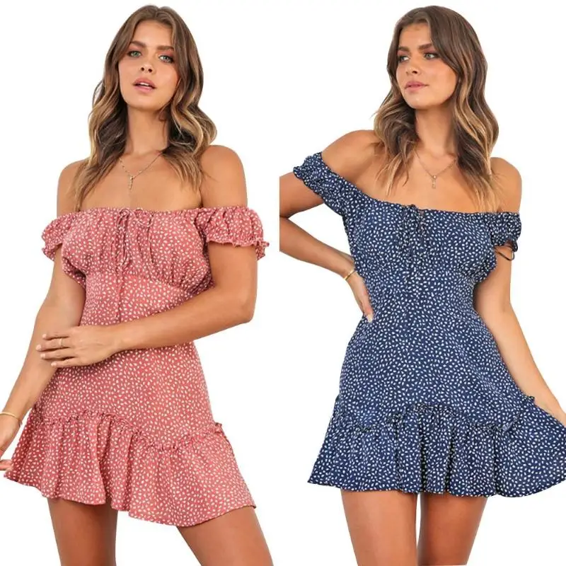 

Floral Print Pleated Dress Women Off Shoulder High Waist Tunic Dresses