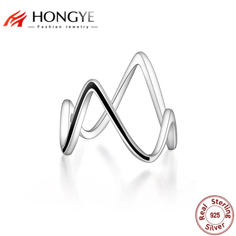

Vintage Unique ECG Rings 925 Sterling Silver Women Ring Jewelry Black Wave Shape for Ladies/Men Punk Cool Party Accessories