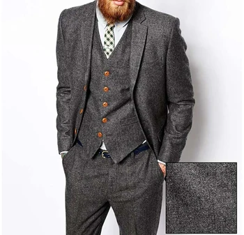 

Wool Retro Grey Herringbone Tweed British style custom made Mens suit tailor slim fit Blazer wedding suits for men 3 piece