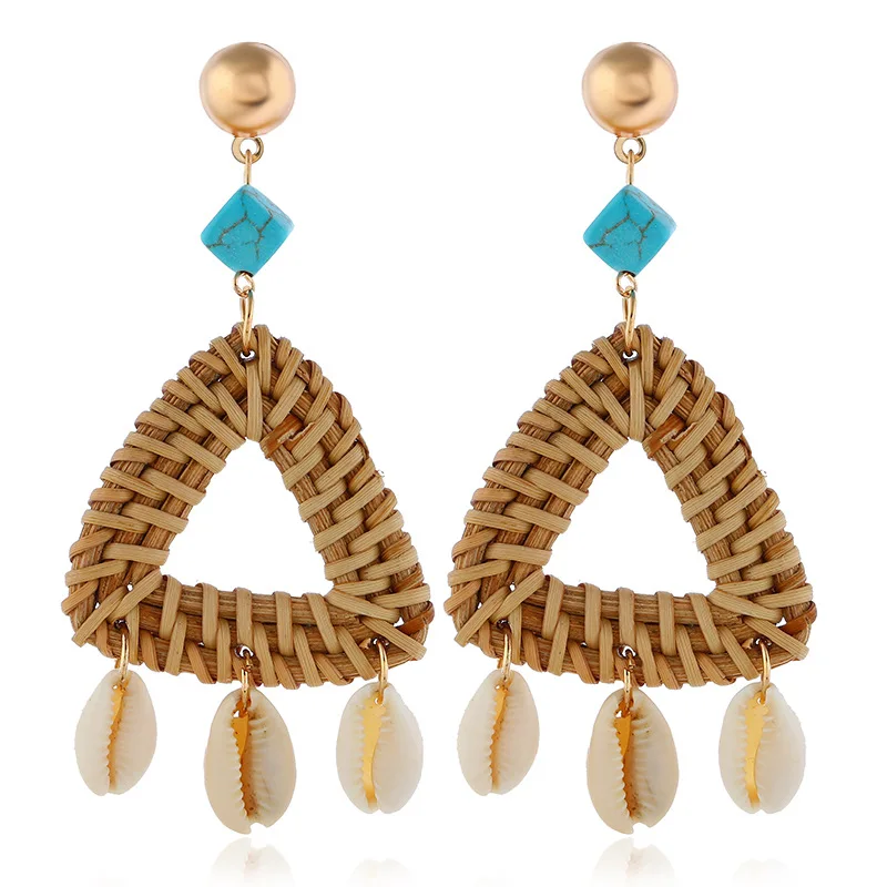 

Bohemia Vintage Fashion Hand Rattan Wooden Earrings For Women Geometric Triangle Exaggerate Long Shell Dangle Earrings Jewelry