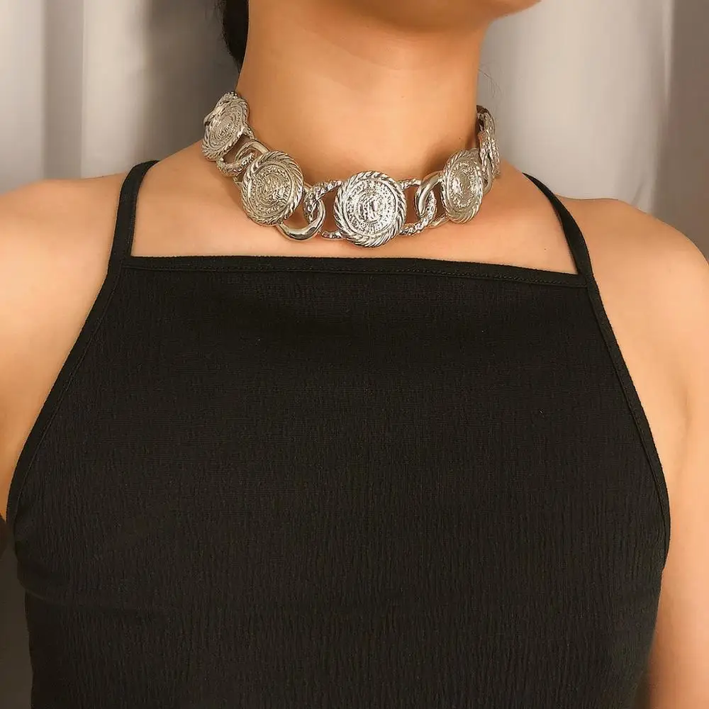 

Doreen Box New Fashion Silver/Gold Hyperbole Relief Portrait Thick Chain Clavicle Necklace For Women Punk Style Party Jewelry