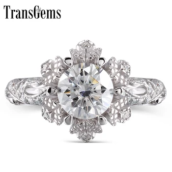 

TransGems 14K White Gold 1ct center 6.5mm F color Moissanite Engagement Ring wedding ring Solitare with Accents