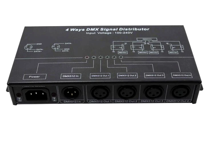 

DMX512 4Ways LED DMX Signal Distributor (output 4channels);AC100~240V;1channel DMX512 signal input;4channel DMX512 signal output