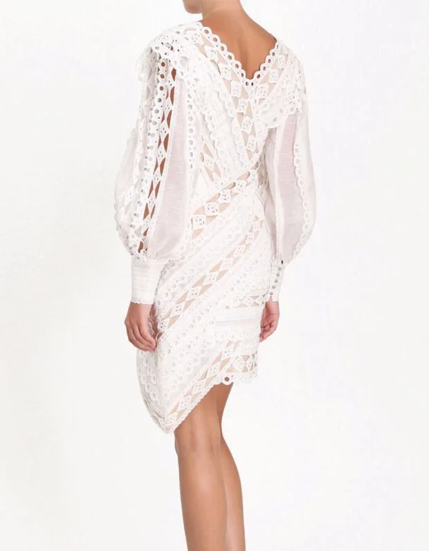 Designer Runway Dress 2019 Summer Women Long Sleeve Hollow Out Irregular Mid-Calf Lace Dress (2)