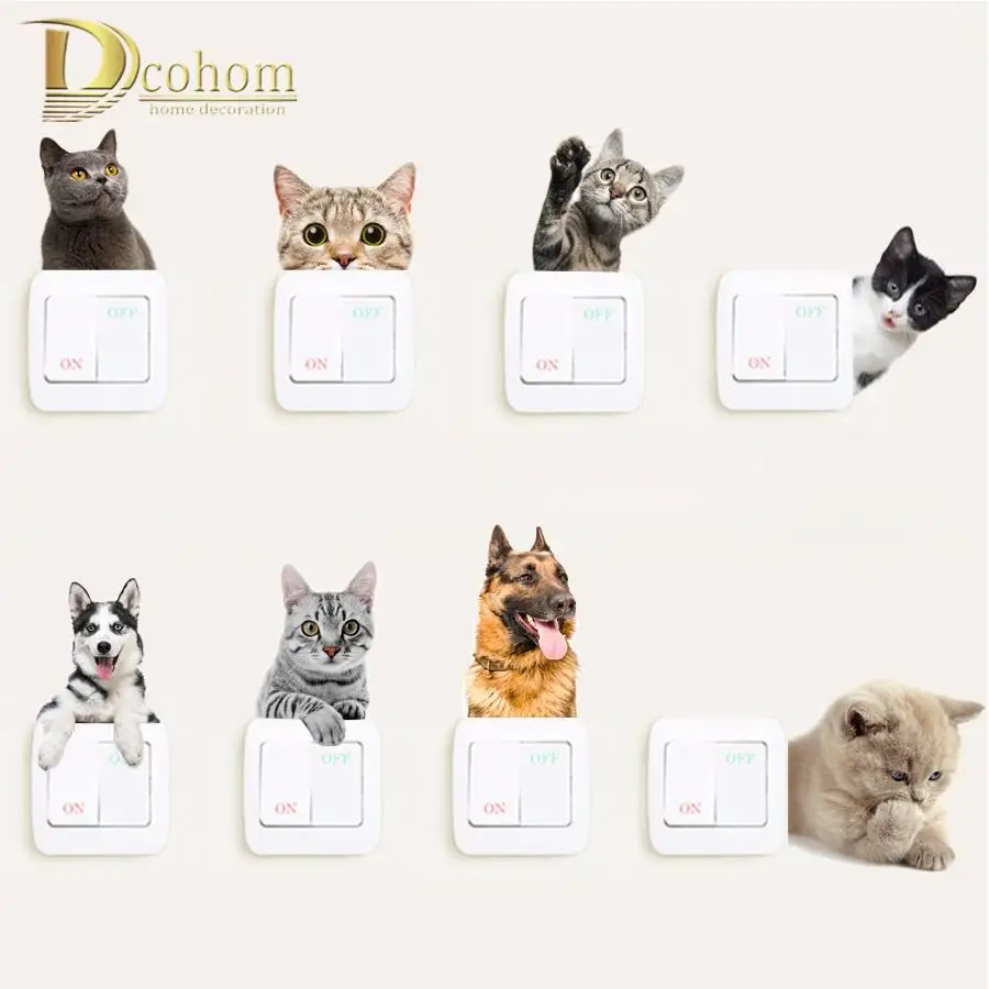 

Vivid Animals Cats Dog Light Switch 3d Wall Stickers Toilet Sticker Kids Room Decoration Personality Poster Vinyl Kitchen Decals