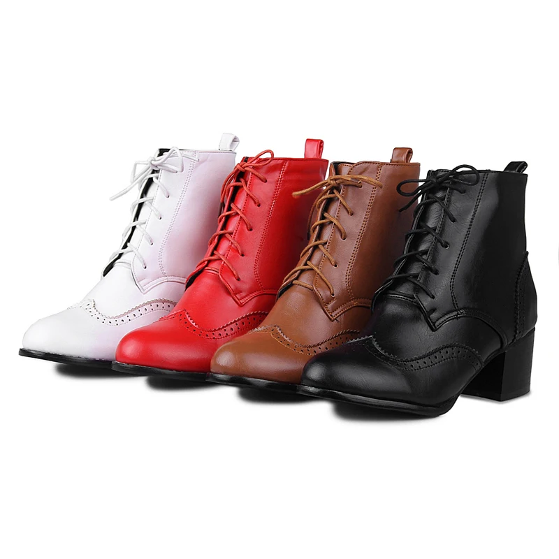 Chainingyee/удобные ботильоны с круглым носком для колледжа; модные женские ботинки для верховой езды на среднем каблуке со шнуровкой; цвет коричневый, красный, черный, белый