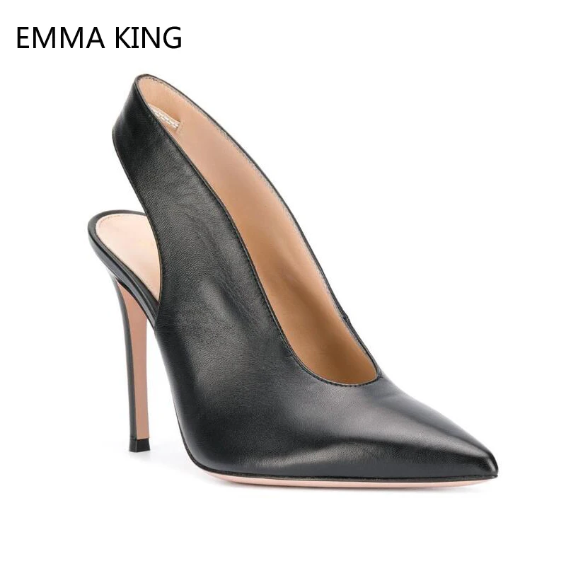 

2019 Spring New Gladiator Pumps For Women Pointed Toe Slingbacks Shoes Ladies High Heels Black Leather OL Party Sandal Shoes