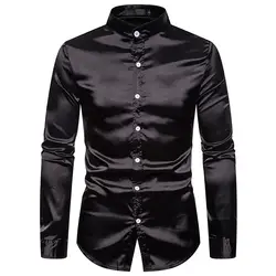 Мужские черные шелковые рубашки на Хэнли Camisa Masculina 2019 атласная гладкая мужская рубашка-смокинг деловые свадебные мужские повседневные