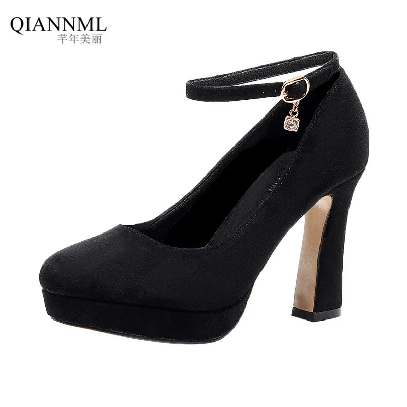 

Big Size 32-4243 Block Heel Platform Shoes Women Pumps 2019 Spring Shallow Flock High Heels Shoes Ladies Office Wedding Shoe