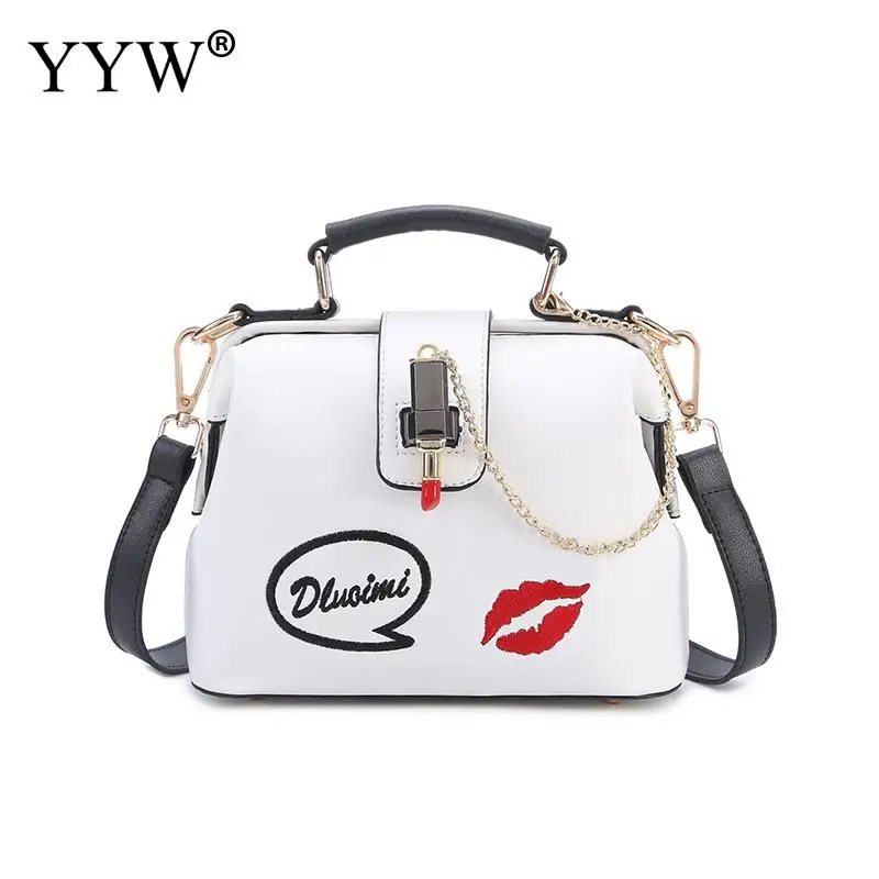 

Embroidered Lip Pattern PU Leather Female Tote Bag White Women'S Shell Handbags Pink Crossbody Bags For Women 2018 New Designer