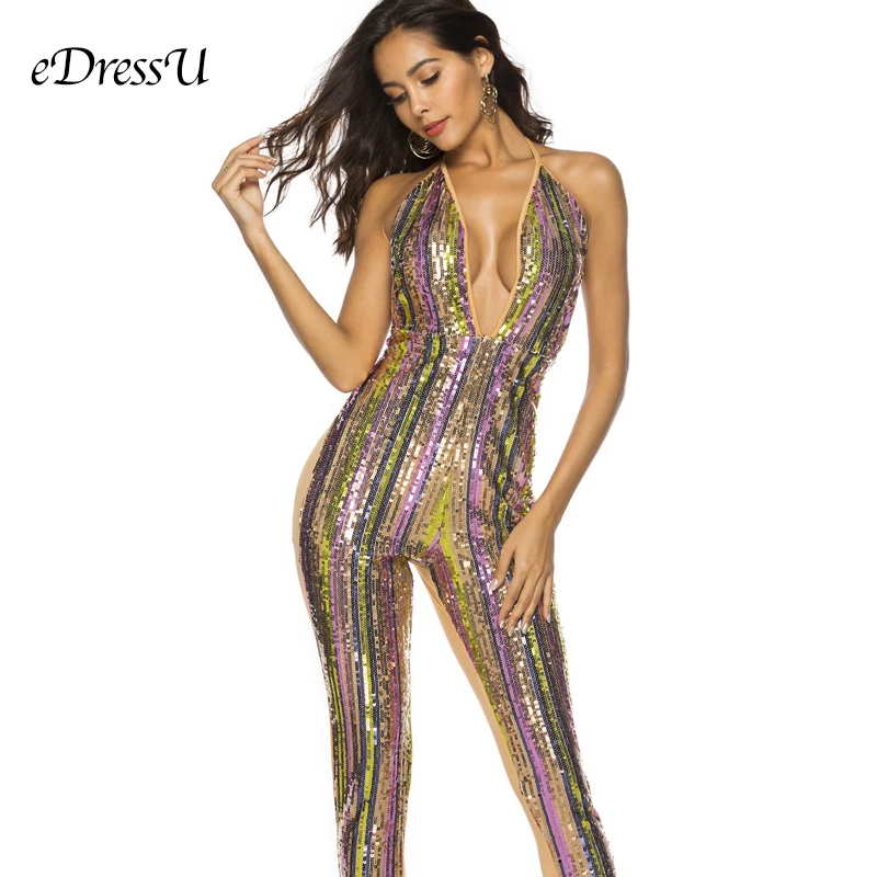 2019 Sequin Jumpsuits Sexy Deep V cut Backless Fitted Pantsuits Rompers Club Disco Party Red Carpet Wear eDressU OSH-18524 2019 Sequin Jumpsuits Sexy Deep V cut Backless Fitted Pantsuits Rompers Club Disco Party Red Carpet Wear eDressU OSH-18524