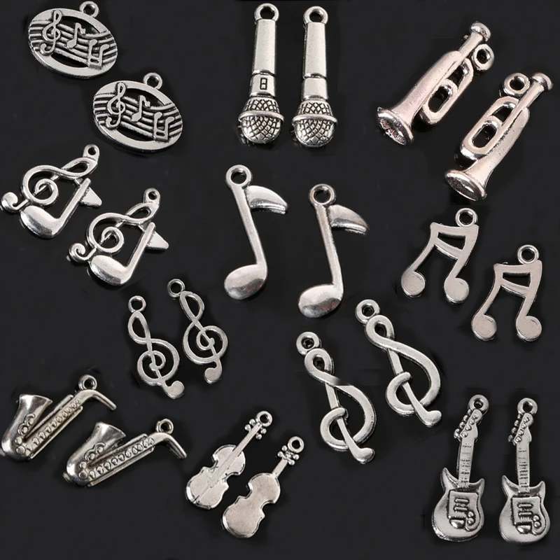 

Music Singer Series Charms Tibetan Silver Plated Music Note Guitar Trumpet Sax Charms Pendants DIY Jewelry Making 4-28pcs/pack
