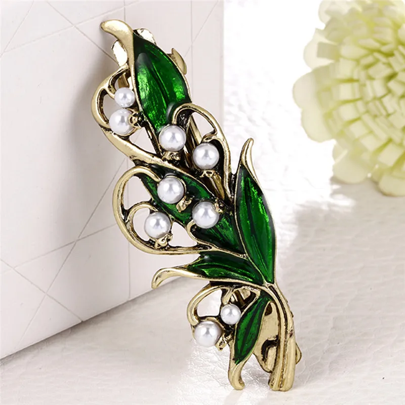 

Exquisite Elegant Fashion Women Girls Enamel Green Leaf Hair Clips Pearl Hairpins Holder Hair Accessories