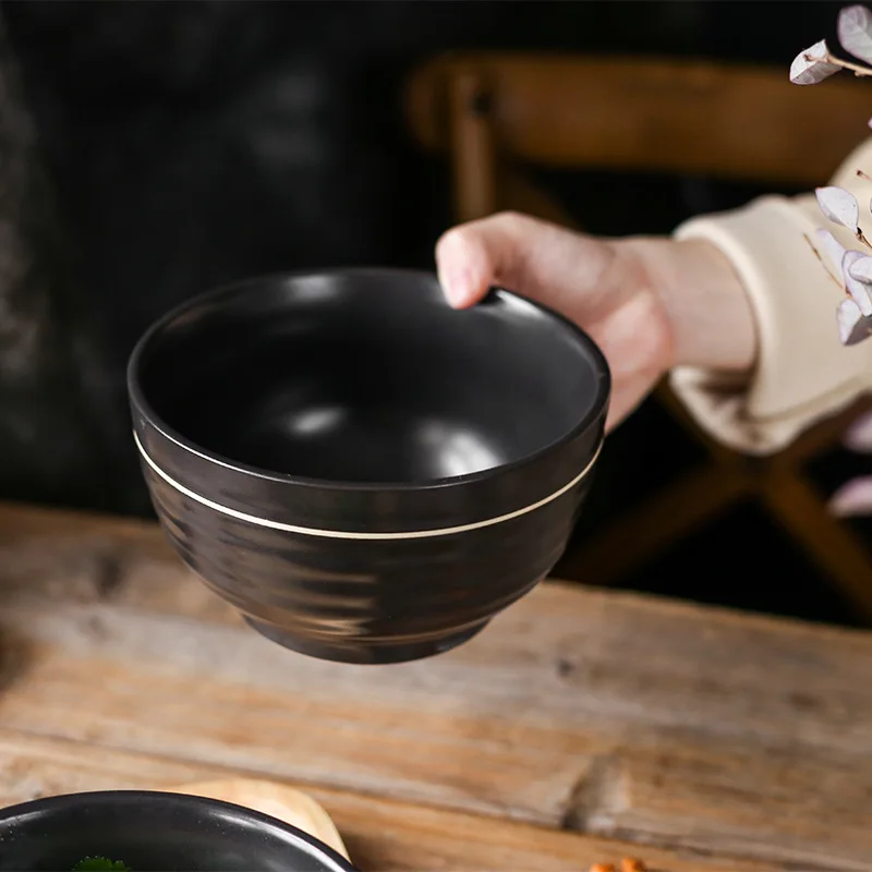 

1 pair Black Ceramic Dinner Bowl Golden line Rice Bowl Round Soup Noodle Bowl Breakfast Kitchen Dinnerware Gift Box
