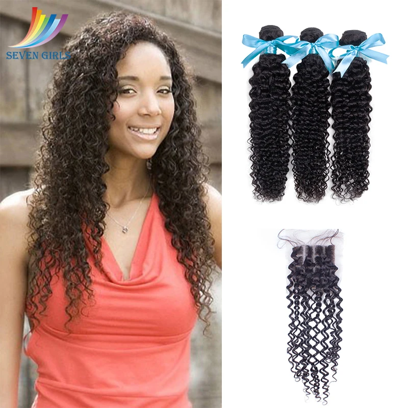 

Sevengirls Peruvian Natural Color Deep Curly 100% Virgin Human Hair 3Bundles With 4*4 Lace Closure Raw Hair For Women