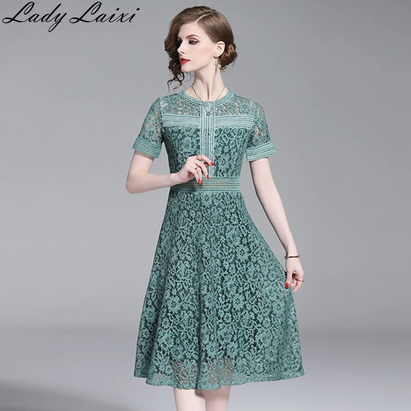 

2019 high quality Fashion Women Elegant Sweet Hollow Out Lace Dress Sexy Party Princess Slim Summer Dresses work Vestidos