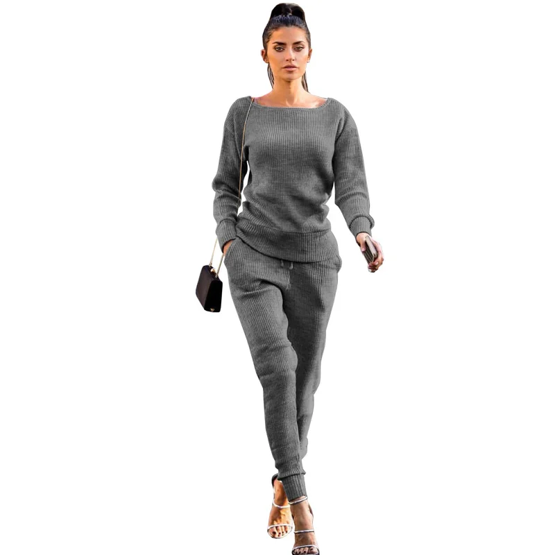 

Winter Knitted Pullover Warm Sweater Suit Peter Pan Collar Sweater + Mink Cashmere Pants bodycon Sweater Top + Knitted Pants