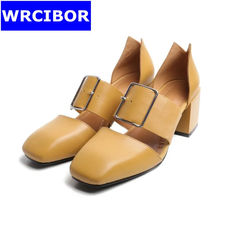 

Women's shoes fashion woman pumps High heels sandals 2017 womens Genuine leather buckle thick heel women square toe shoes