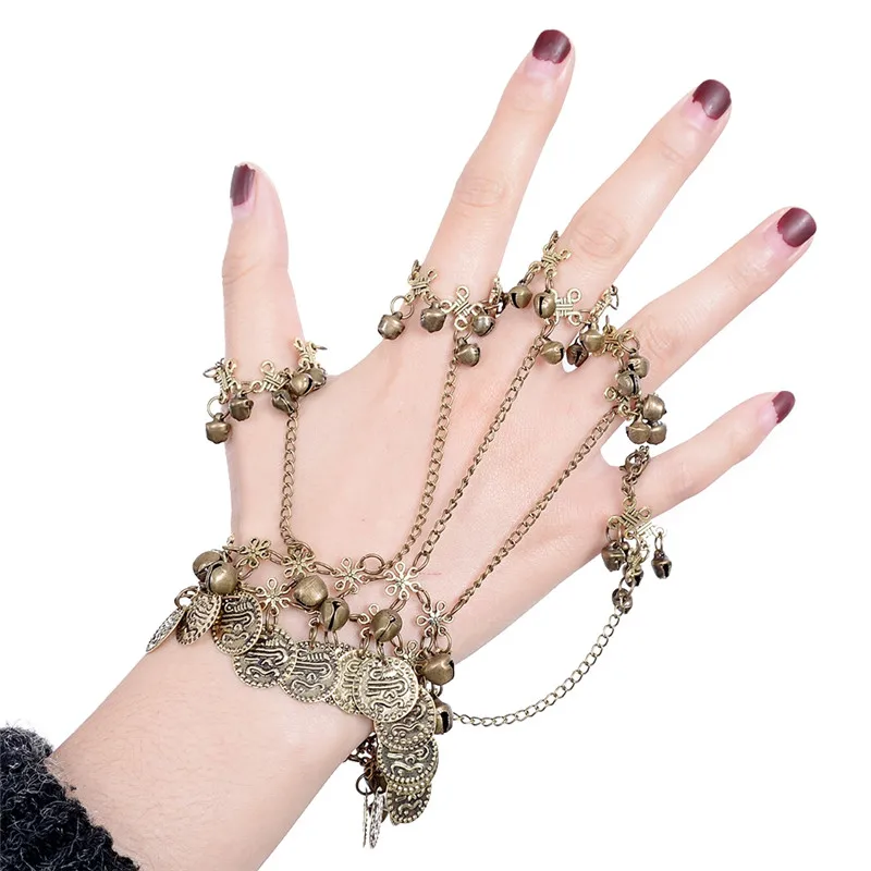 Finger Ring Hand Chain Harness Bracelet Retro Silver Gold New Multi Chain Punk Coin Rounds Bells Bangles For Women