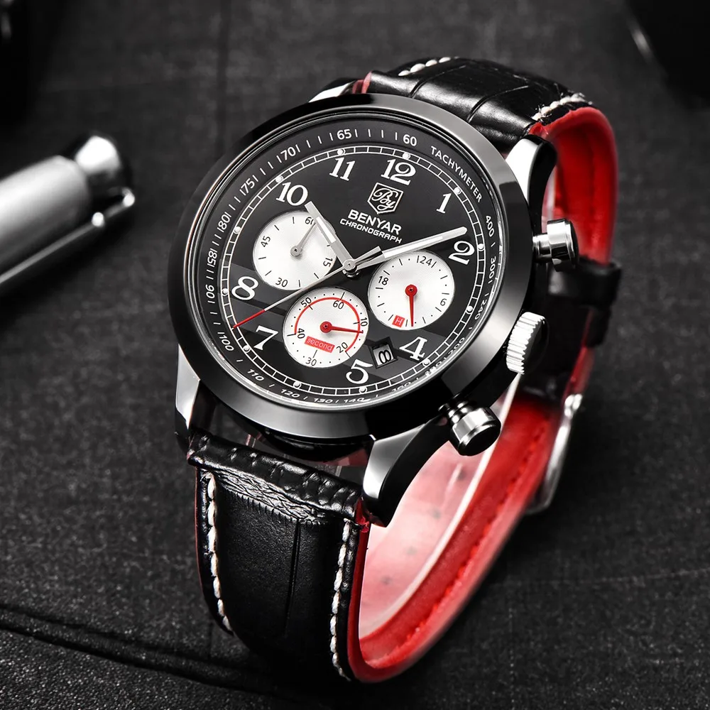 BENYAR Sport Watch Men Luxury Brand Genuine Leather Quartz Chronograph Waterproof With 3 Dials Male Wrist Clock | Наручные часы