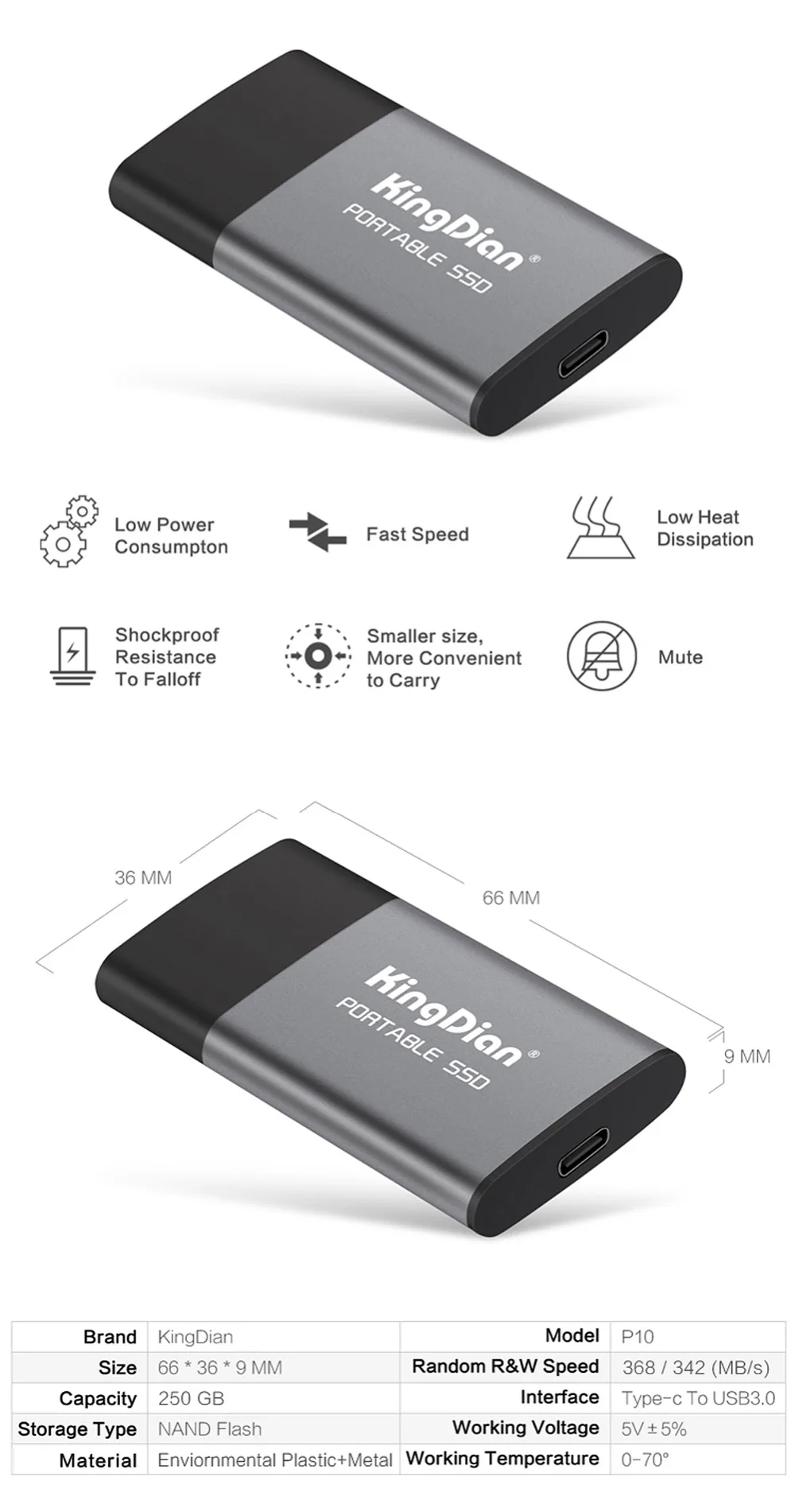 KingDian портативный 120 ГБ 250 Гб внешний твердотельный накопитель SSD с три года гарантии