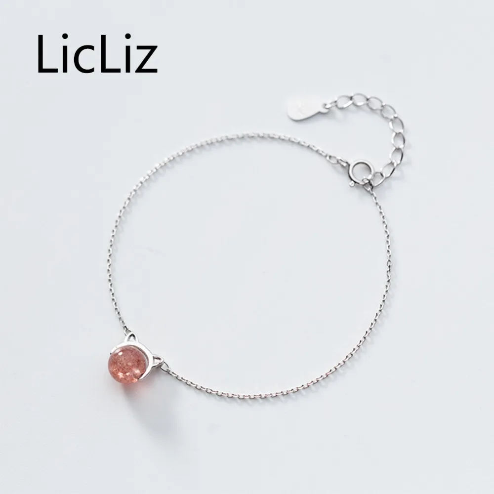 Femmes 925 Argent Sterling Strawberry Crystal Quartz Perle Mignon Chat Bracelet