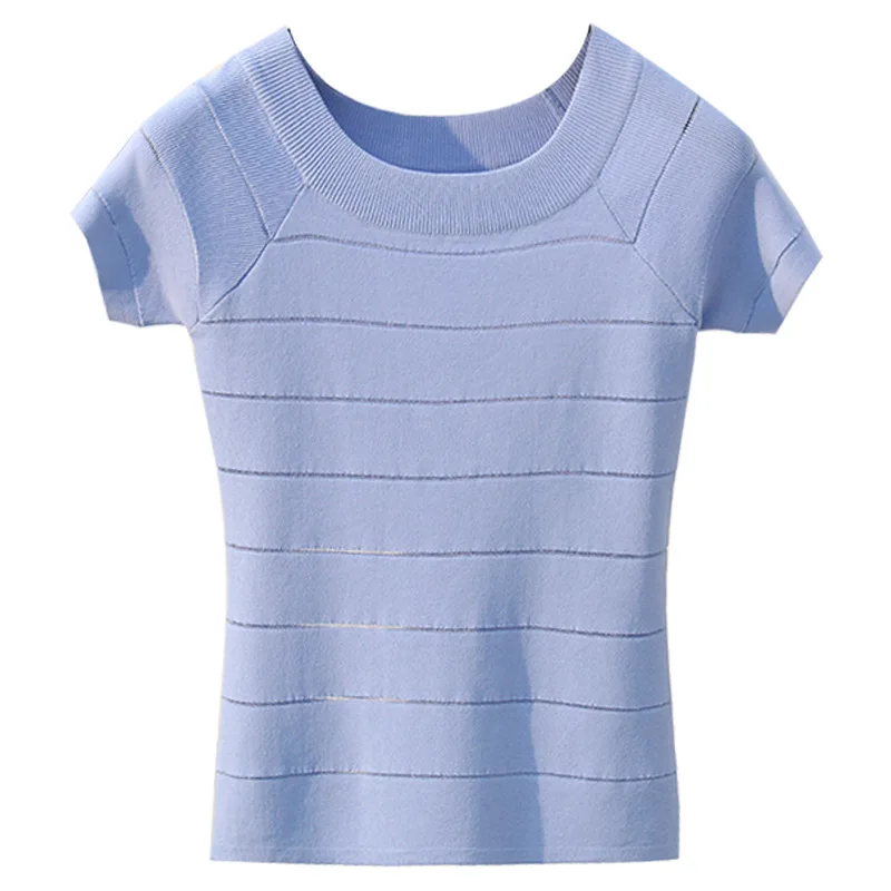 

2019 Summer Knitted Tees O-neck Short Sleeve Female Sweaters Ice Cool Knitting Shirts Stretch Basic Tops Ladies Casual Clothing