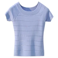 2019 Summer Knitted Tees O-neck Short Sleeve Female Sweaters Ice Cool Knitting Shirts Stretch Basic Tops Ladies Casual Clothing