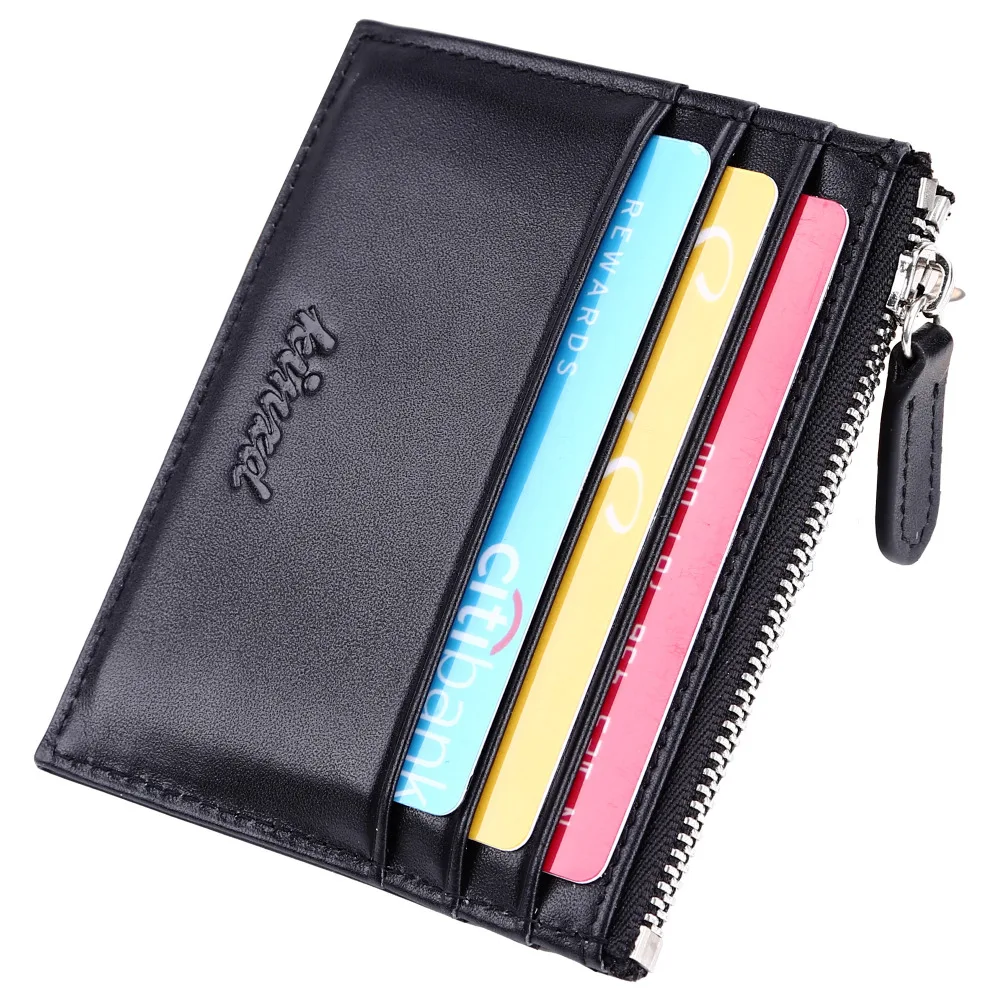 Slim Card Wallet with ID window Card Holder with Zipper RFID Blocking Sleeves Leather Wallet