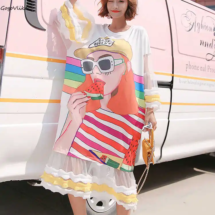 

Kawaii Cartoon Print Dress Mesh Spliced Plus Size 2019 Summer Women Loose Patchwork Cute Vestidos Flare Sleeve LT537S40