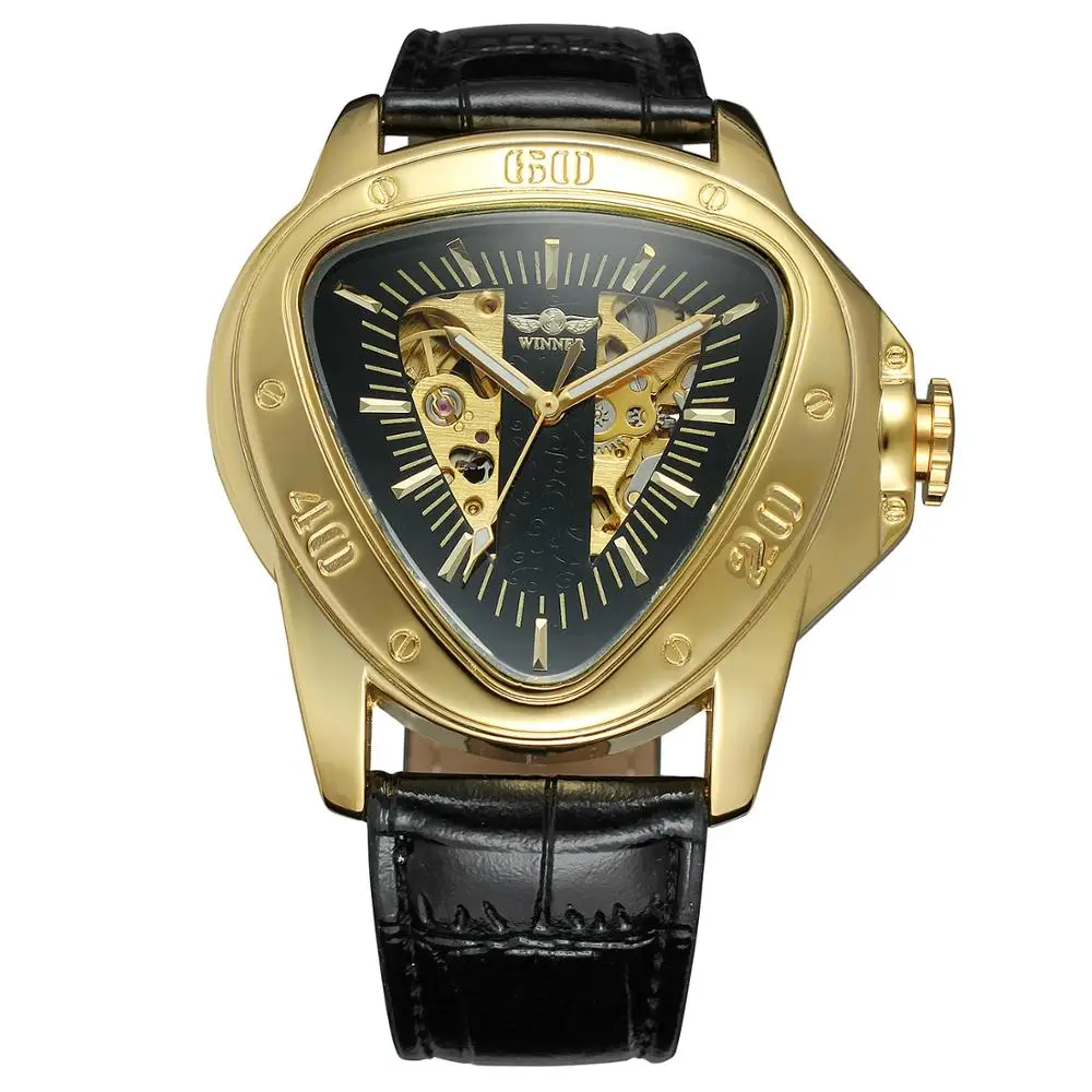 

WINNER Fashion creative triangle surface classic black gold three-pointer belt men wrist watch
