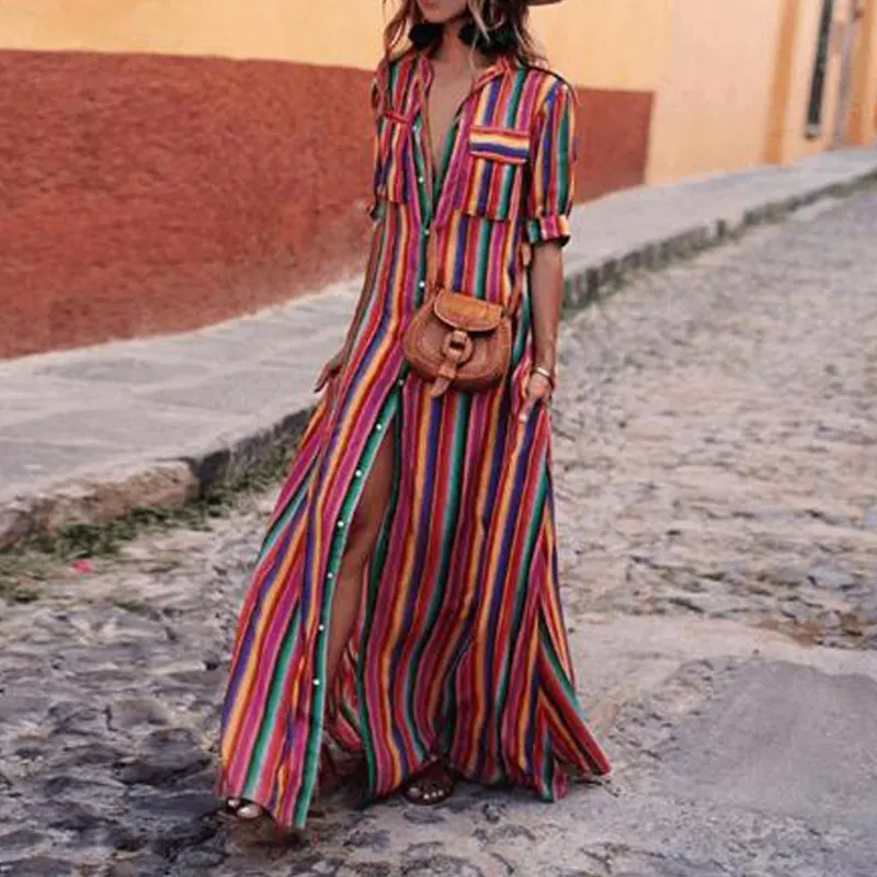 

2019 Summer Striped Dress Women Floor Length Dress Female Elegant Long Maxi Dress Ladies Half Sleeve Sexy Party Boho Dress 2XL