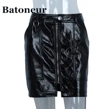 Сексуальная юбка из искусственной кожи с высокой талией Осень Зима Элегантная короткая женская юбка с карманами на молнии Повседневная Черная облегающая мини-юбка