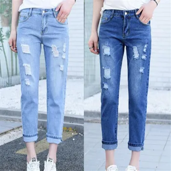 

Ripped Mom Jeans Women High Waist Casual Vintage Pencil Pants Jeans Distressed Boyfriend Destroyed Denim Trousers Blue Plus Size