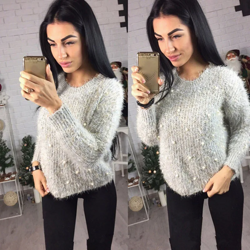 Women's Beading Pearl Fluffy Sweater Crop Top O neck Knitted Slim Pullover 2018 Autumn Winter Warm Fashion Casual Woman Sweaters