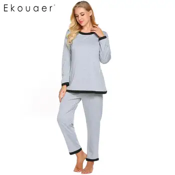 

Ekouaer Women Long Pajamas Sets Nightwear Pijama Loose O-Neck Contrast Long Sleeve Shirts Pockets Pants Pajama Suit Sleepwear