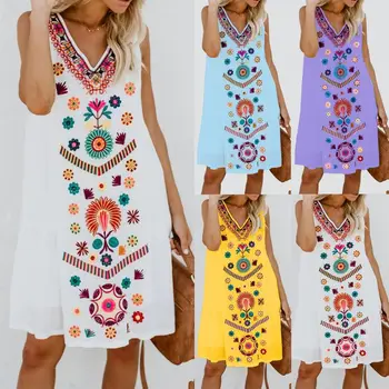 

Plus Size Women Boho Sleeveless V Neck Sundress Ladies Holiday Beach Dress Tops Women Beach Party Dress