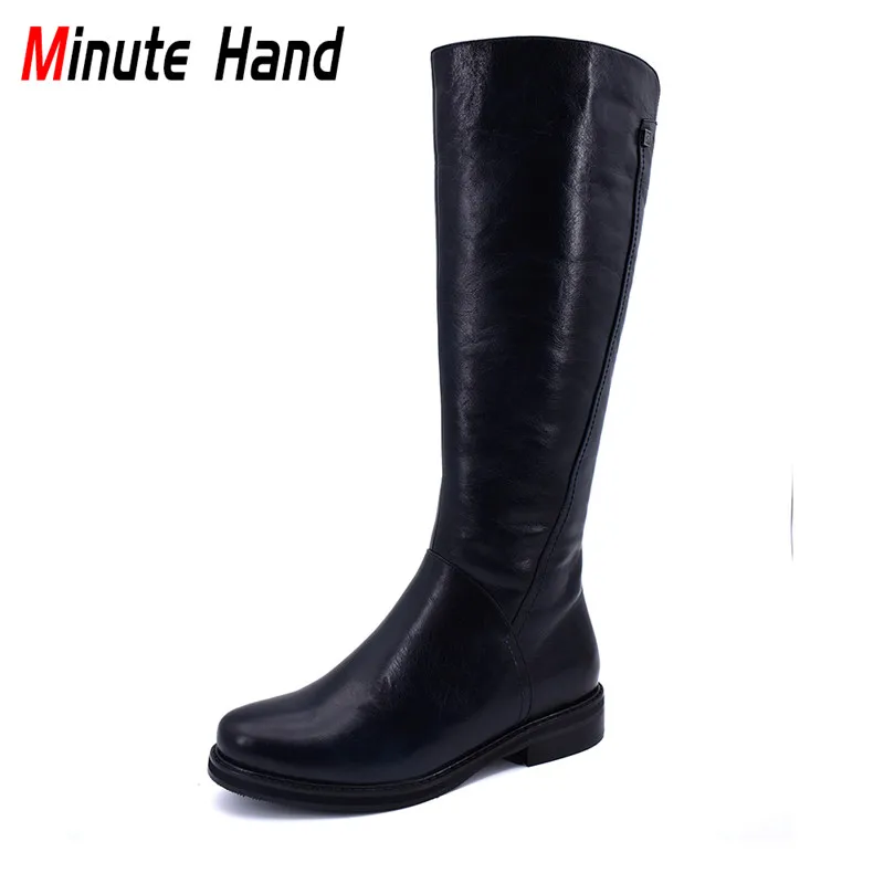 

Minute Hand Fashion Genuine Cow Leather Knee High Riding Boots Women Low Heels Side Zip Soft Warm Wool Equestrian Boots Winter