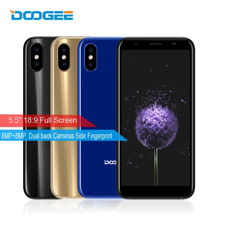

DOOGEE X55 5.5" 18:9 Full Screen Android 7.1 MT6580 8MP Dual back Cameras Side Fingerprint 2800mAh 1GB RAM 16GB ROM Mobile Phone